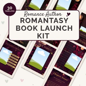 Pode incluir: Um kit de lançamento de livros digitais com o texto "Romance Author Romantasy Book Launch Kit". O kit inclui 30 modelos com espaço para capas de livros e texto. O design apresenta um tema bordô e floral.