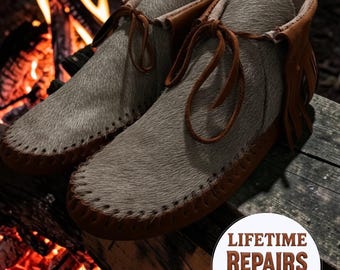 Mocassins personalizados em couro com pelo | Botas de couro de veado com sola dupla e franjas, sapatos de couro