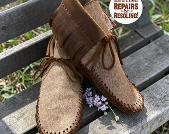 Handmade Hair-On Hide Moccasins | Deerskin, Double Sole Fringe Boots