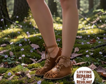 Handmade Deerskin Leather Moccasin Sandals | Barefoot Lace-Up Shoes, Cowhide Sole