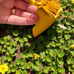 May include: A small, yellow leather pouch with a tassel and bow detail. The pouch is held against a backdrop of green foliage and small yellow flowers, suggesting a natural setting. The leather appears to be soft and the pouch is likely handmade.