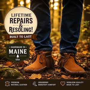 Handmade Grounding Leather Moccasins | Deerskin, Double Sole Fringe Boots
