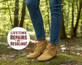 Handmade Deerskin Moccasins, Fringe Ankle, Double Sole, Custom Fit