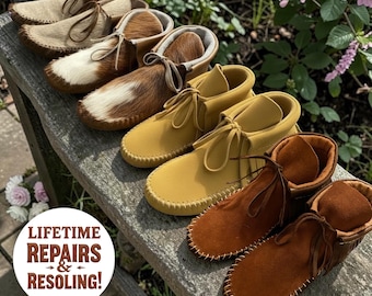 Mocasines de cuero hechos a mano / Botas de piel de ciervo con doble suela y flecos, piel con pelo.