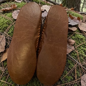 May include: A pair of brown leather moccasins, soles facing up, with visible stitching. The shoes are set against a backdrop of moss, leaves, and forest floor, suggesting an outdoor or natural theme.