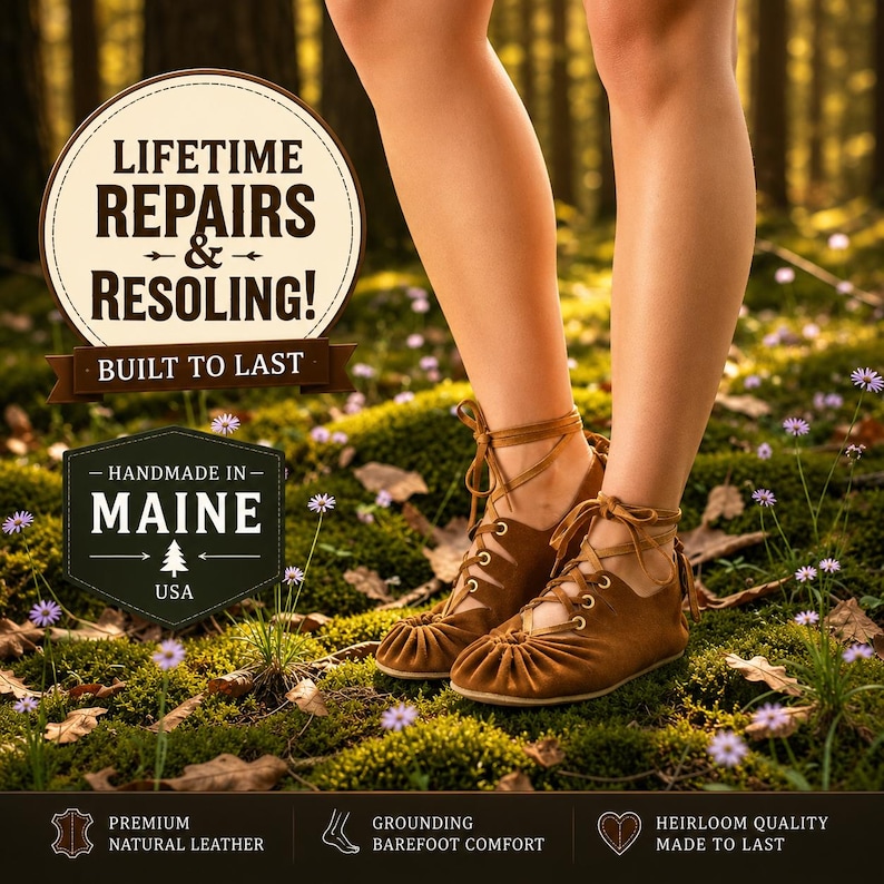 May include: Brown leather ankle boots with lace-up detailing. The boots are handmade in Maine, USA, and feature a barefoot comfort design. The image also includes text that says "Lifetime Repairs & Resoling! Built to Last."
