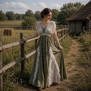 May include: A floor-length dress featuring a dark olive green skirt with white lace vertical ruffles and a white bodice with short sleeves. The garment includes a V-neckline, a high waistline with intricate embroidery, and a pearl-style necklace.