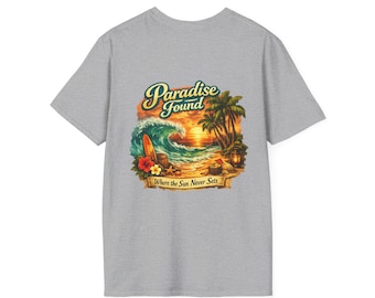 Paraíso encontrado, el sol nunca se pone, camiseta con temática playera, olas al atardecer, ambiente playero tropical