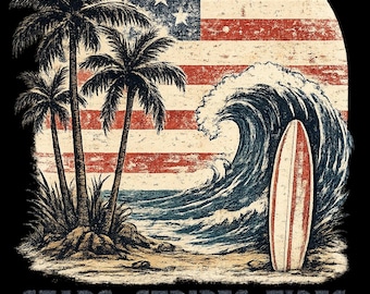 Camiseta playera vintage americana / Bandera desgastada, palmeras, camiseta de surfista