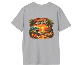 Camiseta con temática playera y puesta de sol: ¡Ambiente tropical playero!