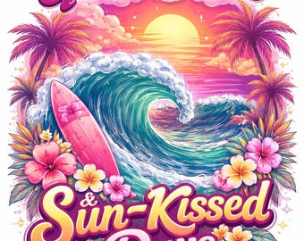 Camiseta de playa Good Waves Sun Kissed Days / Tabla de surf, palmeras, puesta de sol tropical
