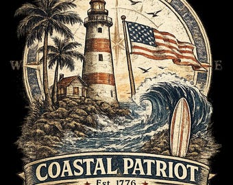 Camiseta Coastal Patriot con faro vintage, estilo americano, ideal para la playa, fundada en 1776. Camiseta patriótica de surf.