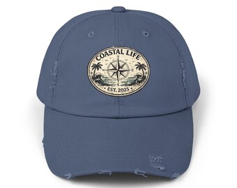 Gorra vintage con brújula y palmeras / Sombrero de playa retro desgastado