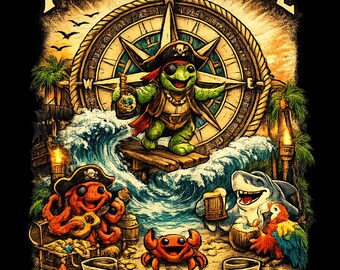 Camiseta pirata con tortuga marina: camiseta con estampado de brújula y ancla de la vida costera.