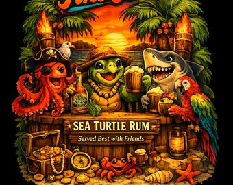 Camiseta con estampado de tortugas marinas y escena playera / Amigos tortuga bebiendo en la orilla.
