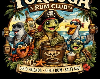 Camiseta de fiesta playera con temática de tortugas piratas del Club de Ron Captain Tortuga, camiseta para vacaciones en una isla tropical.