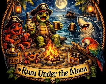 Camiseta de Sea Turtle Rum Co.: Piratas bebiendo ron bajo la luna, camiseta para fiesta en la playa.