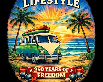 Camiseta con estampado de furgoneta de surf retro, tablas de surf, olas de playa y palmeras.