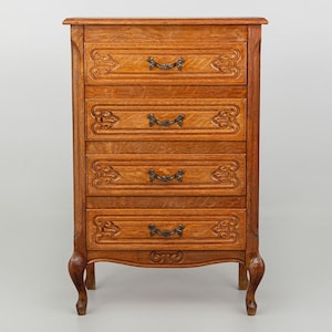 Antique Solid Oak 4-Drawer Chest: French Provençal Hand-Carved Nightstand