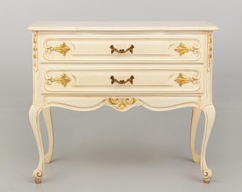 Vintage Französischer Stil Creme Nachttisch: Kommode mit zwei Schubladen, Blattgold Akzente