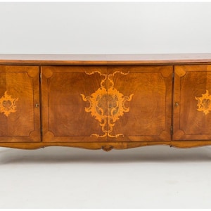 Antique Italian Walnut Buffet: Marquetry Decorated Lockable Sideboard Console