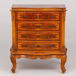 Antique Marquetry Walnut Nightstand: French Style 4 Drawer Jewelry Cabinet