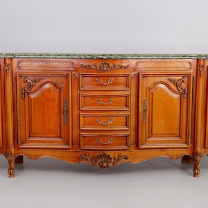 Luxury Hand Carved Classic Wooden Console Table  Antique Style Buffet with Green Marble Top Carved Solid Wood Salon Console and Storage Unit