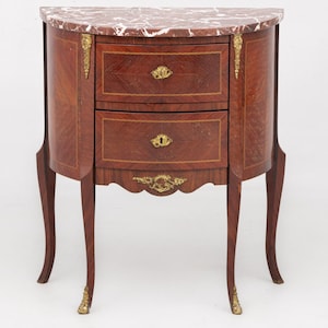 Antique French Nightstand   Marble Top and Inlaid Details   Luxury Furniture with Brass Embellishments