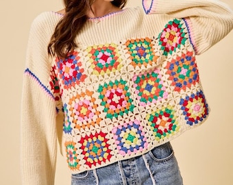 Granny Square Crochet Sweater | Multicolor Boho Knit Pullover Top
