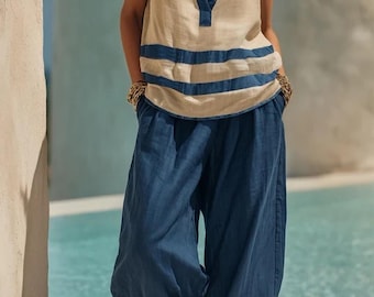 Women's Linen Look V-Neck Top and Wide Leg Pants Set, Boho Beach Co-ord