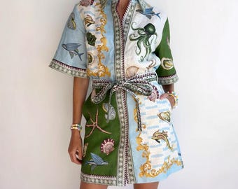 Marine Shell Print Shirt Dress | Coastal Linen Blend A-Line Mini Vacation Summer Dress