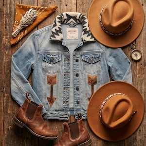 May include: A light blue denim jacket with a patterned collar, two brown felt hats with patterned bands, brown leather Chelsea boots, a mustard yellow bandana, and a bundle of dried sage. The jacket features two brown arrow-shaped patches.