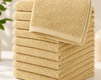 12 Pack Beige Washcloth Set, Soft Face Towels, 100% Ring Spun Cotton Washcloths, Absorbent Spa Towels, Bathroom Essentials