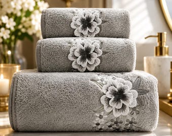 Luxury Embroidered Towel Set, Floral Cotton Bath Towels, Soft Absorbent Bathroom Towels, 3 Piece Spa Gift Set