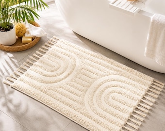 Rainbow Bath Mat, Boho Cotton Floor Covering, Non Slip Washable Mat, Nursery Decor, Kids Room Accent, Cream Tassels