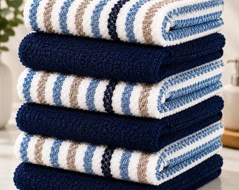 Kitchen Towels Set of 6, Cotton Dish Towels, Blue Tea Towels, Absorbent Hand Towels, Striped Dish Cloths, Farmhouse Kitchen Decor