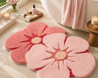 Flower Bath Mat, Pink Daisy Rug, Non Slip Floor Accent, Plush Absorbent Decor, Washable Home Textile, Room Decor