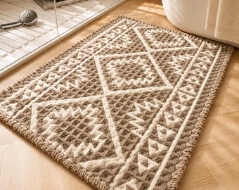Waffle Bath Mat, Boho Cotton Floor Covering, Non Slip Absorbent Mat, Washable Tassel Accent, Quick Dry Home Decor