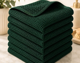 Dark Green Waffle Weave Kitchen Towels Set of 4, 100% Cotton Dish Towels, Quick Dry Tea Towels, Farmhouse Decor