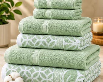 Botanical Vine Cotton Towel Set 6-Piece – Reversible Jacquard Bath Hand Washcloth Towels, Soft Absorbent Quick-Dry, Sage Green