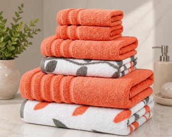 Rust Orange Cotton Bath Towel Set, 6 Piece Towel Set, Soft Absorbent Towels, Reversible Bath Towels, Spa Towels, Guest Towels