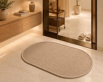 Oval Bath Mat, Non Slip Bathroom Floor Cover, Quick Dry Absorbent Shower Mat, Washable Soft Neutral Decor, Light Brown Accent Rug