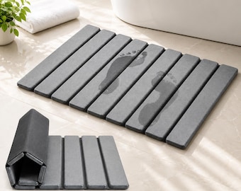 Stone Bath Mat, Diatomaceous Earth Bath Rug, Quick Dry Shower Mat, Non Slip Floor Mat, Super Absorbent, Foldable Grey Bathroom Decor