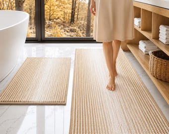 Chenille Bath Mat Set of 2, Soft Shaggy Floor Rug, Non Slip Absorbent Carpet, Quick Dry Washable Home Accent, Beige