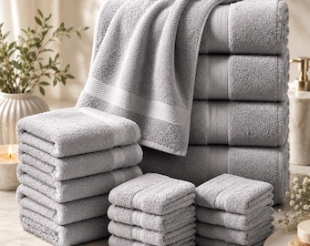 16-Piece Cotton Towel Set – Turkish Bath Towels, Hand Towels & Washcloths – Soft, Absorbent, Quick Dry – Hotel Quality, Grey
