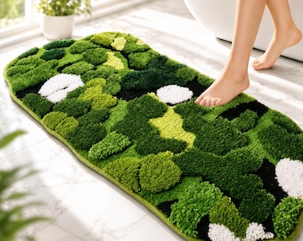 Moss Bath Mat Runner Rug, Green Spa Floor Cover, Non Slip Shower Pad, Absorbent Shaggy Accent Carpet, Boho Home Decor