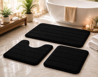 Memory Foam Bath Mat Set of 3, Non Slip Shower Mats, Washable Toilet Contour Mat, Soft Absorbent Floor Covering, Black Decor