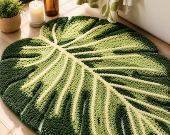 Monstera Bathroom Rug, Tufted Plush Carpet, Non Slip Shower Floor Cover, Machine Washable, Tropical Green Home Decor