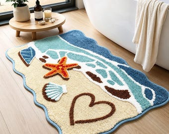 Ocean Wave Bath Mat, Starfish Shell Rug, Nautical Home Style, Seaside Tufted Floor Covering, Beach House Accessory