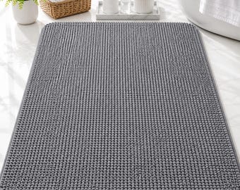 Grey Chenille Bath Rug, Soft Absorbent Bathroom Floor Mat, Non Slip Shower Rug, Quick Dry, Machine Washable